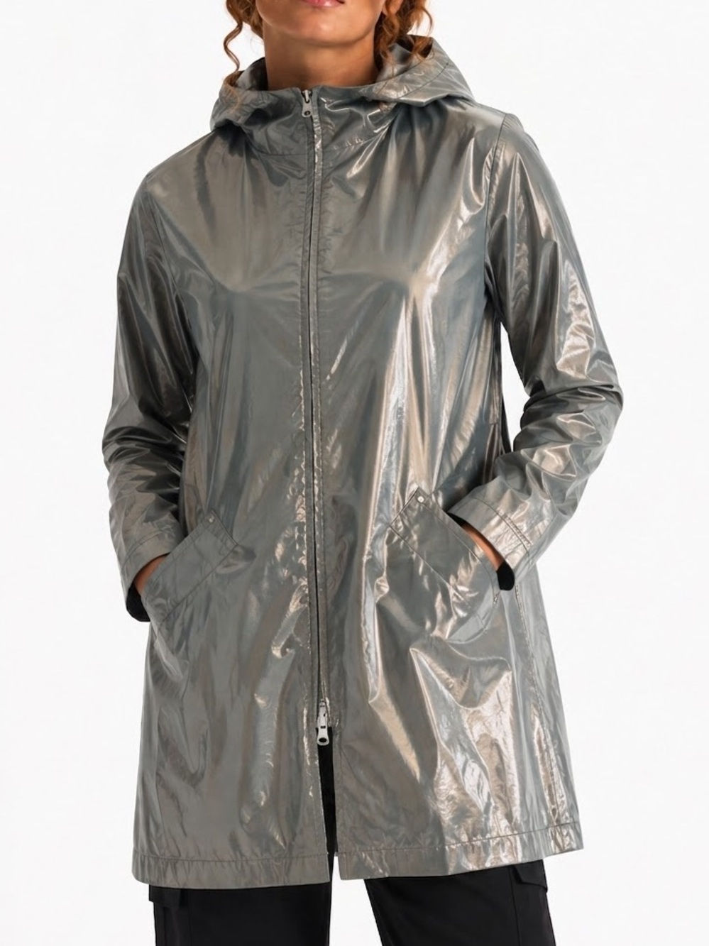 Gallery Iridescent Olive Zip Rain Jacket Size M Detachable Hood Lightweight Coat
